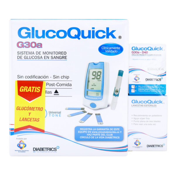 Tiras Glucoquic 50 Unidades + Glucometro G30a + Lancetas 50 Unidades