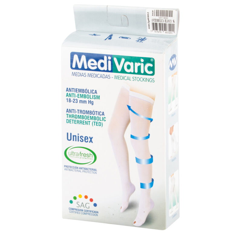 Media Medivaric Antiembolicas Talla S Hasta el Muslo Color Blanco Nti