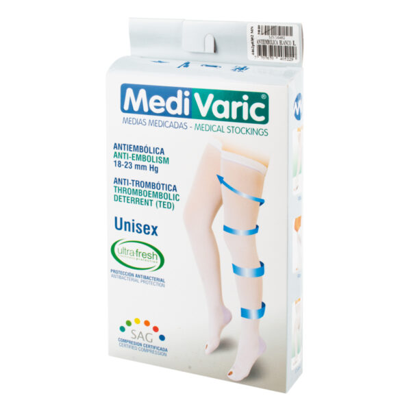 Media Medivaric Antiembolicas Talla L Hasta el Muslo Color Blanco Nti
