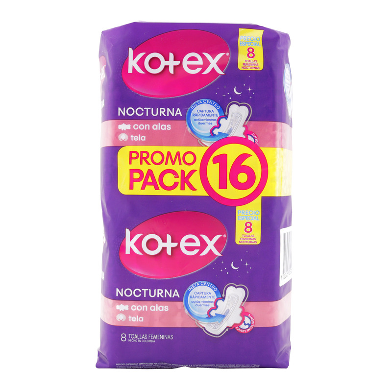 2 Toalla Kotex Nocturna Tela 8 Unidades Pre Pack