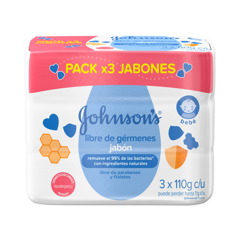 3 Jabon Johnson y Johnson Baby Libre Germenes 110 Gr