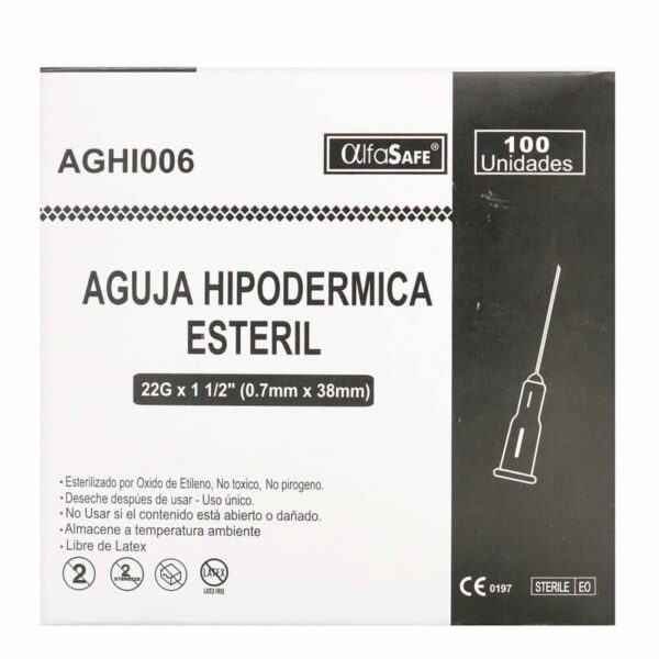 Aguja Hipodermica  Alfa 22gx1 1/2 100 Unidades